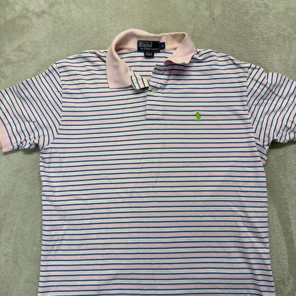 Vintage Polo Ralph Lauren Polo Shirt Mens L Pink Striped Short Sleeve Preppy Y2k
